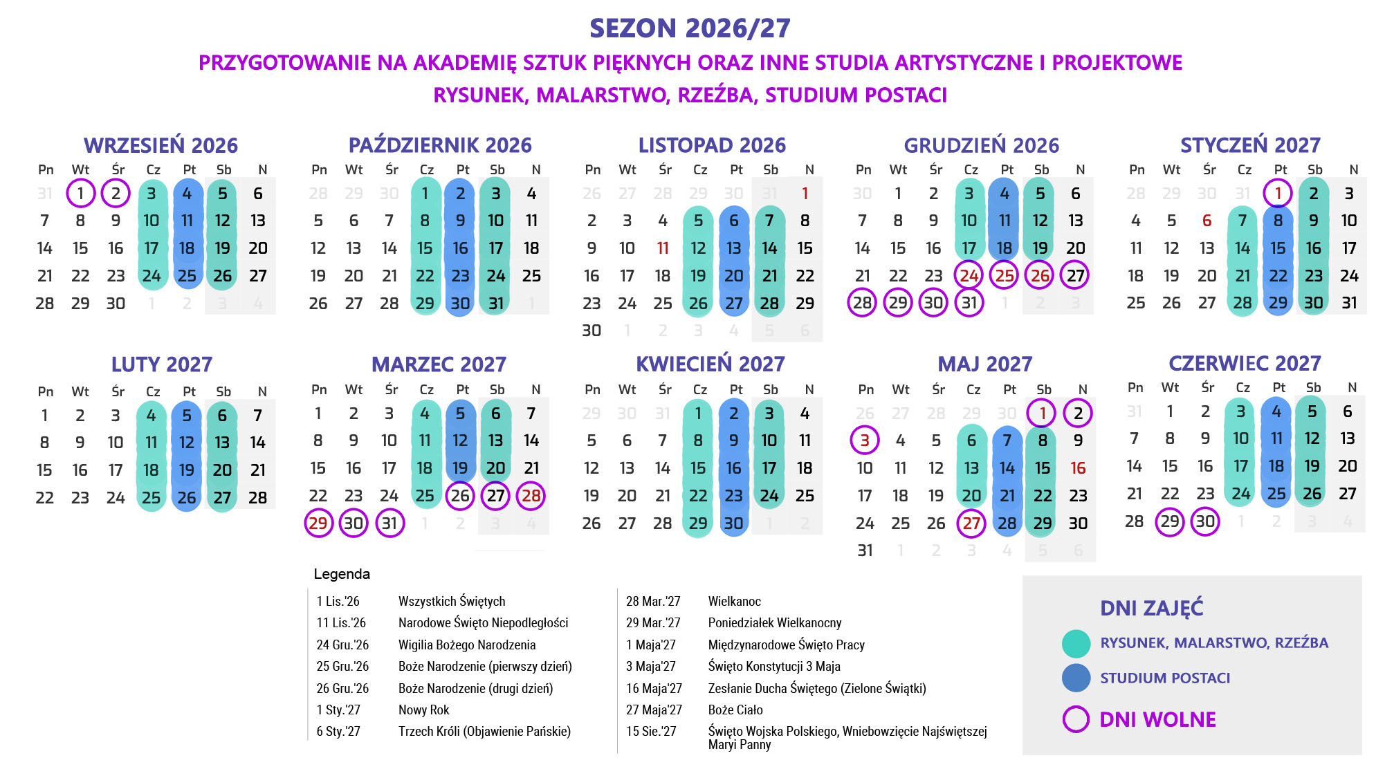 Kalendarz zajęć Fenomenarium 2026/27 — kurs przygotowawczy na ASP